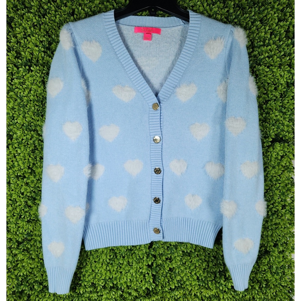 Lilly Pulitzer Blue Heart Fuzzy Knit Button Front Cardigan Sweater 011934 Small